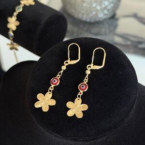 Gold Flower Drop Earrings and Bracelet set with Evil Eye Accents